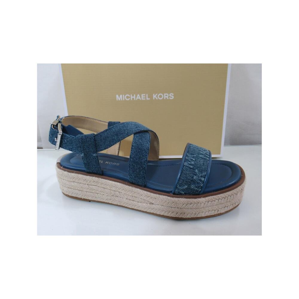 Michael Kors Lynn Espadrille Platform Wedge Sandals MK Logo Blue Size 7.5